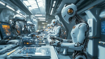 Fototapeta premium Realistic view of robotic workers maintaini 