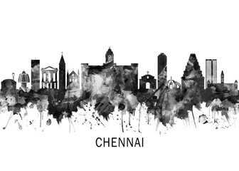 Fototapeta premium Chennai Tamil Nadu Skyline BW, cityscape buildings city skyline architecture illustration abstract modern painting travel poster landscape print urban art
