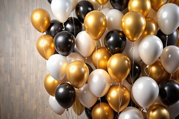 Stylish balloon arrangement with a mix of gold, black, and white. Premium design for birthday celebration background. empty space