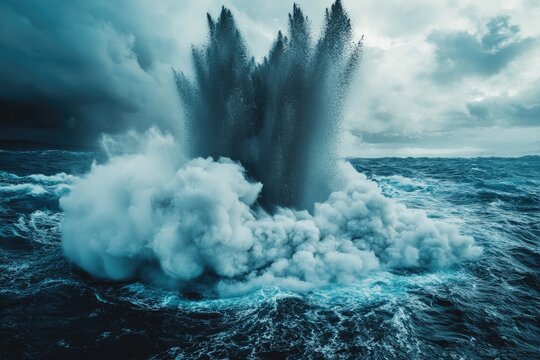 Underwater bomb exploding in rough sea creating huge column of water