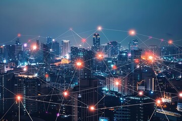 Obraz premium Cityscape and network connection concept with cityscape at twilight time.