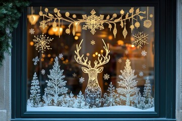 Christmas window display featuring reindeer and snowflakes decoration