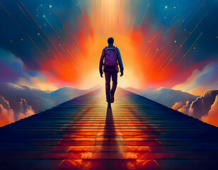 Journey to the Unknown: A lone figure walks towards a brilliant sunrise, leaving behind a world of darkness and uncertainty. This digital artwork captures the essence of hope, adventure.