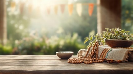 Tranquil Still Life Composition Featuring Meditation Tools and Natural Elements in Serene Outdoor Setting