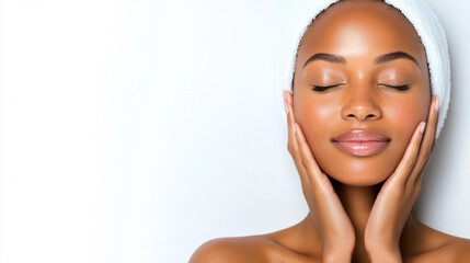 Facial Skincare Routine With a Woman Enjoying a Relaxing Moment at a Spa-Like Setting While Gently Touching Her Face