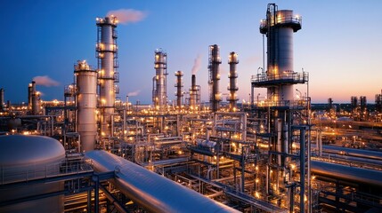 Aerial perspective of an industrial refinery complex at dusk, warm lights illuminating pipes and distillation towers