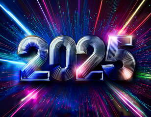 2025: A Futuristic New Year:  The number 2025 is rendered in bold, futuristic, and vibrant colors, surrounded by dynamic lines of light and energy.  The image signifies optimism, growth.