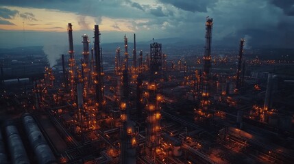 Fototapeta premium Aerial view of a vast oil refinery complex at dusk, pipes and towers illuminated by warm lights against a twilight sky