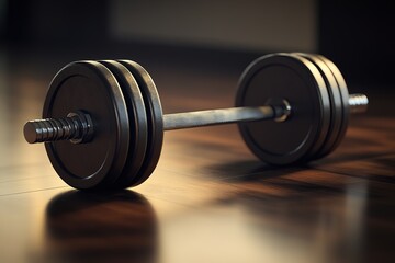 Barbell on floor ready for workout in gym with sunlight
