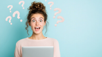 Excited Young Woman Looking Surprised While Using a Laptop Against a Blue Background With Question Marks Floating Around