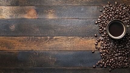 cup coffee beans wooden earthy. A rustic wooden surface featuring a cup of coffee surrounded by scattered coffee beans.
