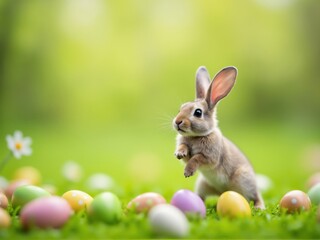 Fototapeta premium Cute easter bunny jumping in green grass with colorful eggs