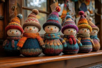 Fototapeta premium A colorful display of knitted snowman dolls with hats and scarves on a wooden ledge.