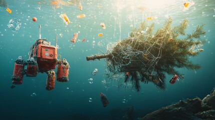 Robots forming a cleaning assembly around a Robots equipped with claws and vacuums rescue Robots diving underwater to free a Christmas