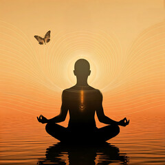 Person Meditating at Sunset with Radiating Energy and Butterfly