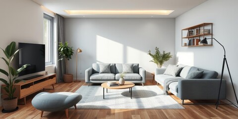 Scandinavian minimalist apartment living room interior with cozy grey couch and Scandinavian decor, decor, cozy