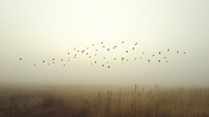 Obraz premium Birds flying low over foggy plains, creating a sense of movement.