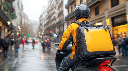 Delivery Rider on a Scooter Navigating a Bustling City Street During a Rainy Day in an Urban Environment