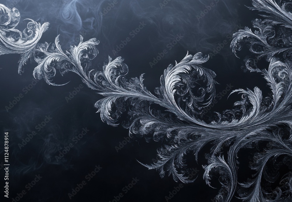 Poster a pattern of elegant, swirling ice crystals on dark background, with smoke swirling around them. the
