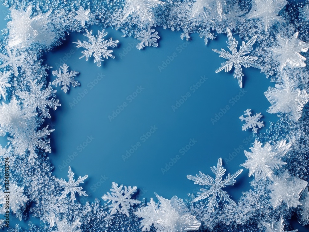 Poster frosty snowflakes arranged in the shape of an oval frame on a blue background, a winter wonderland c
