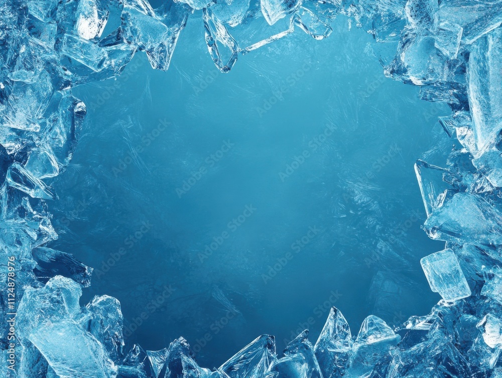Poster abstract background of blue ice with frozen pieces similar to broken glass forming an icy frame, spa