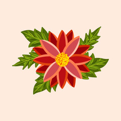 Bright colorful flower with leaves. Botanical vector isolated illustration for postcard, poster, ad, decor, fabric and other uses.