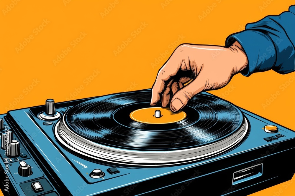 Poster a clean illustration of a dj hand scratching a record on a turntable, drawn with simple, bold lines 