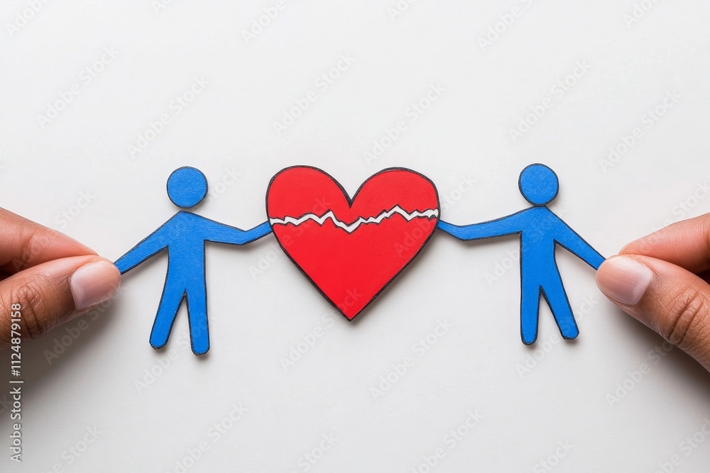 Poster a clean illustration of two figures holding a broken heart between them, symbolizing mutual separati