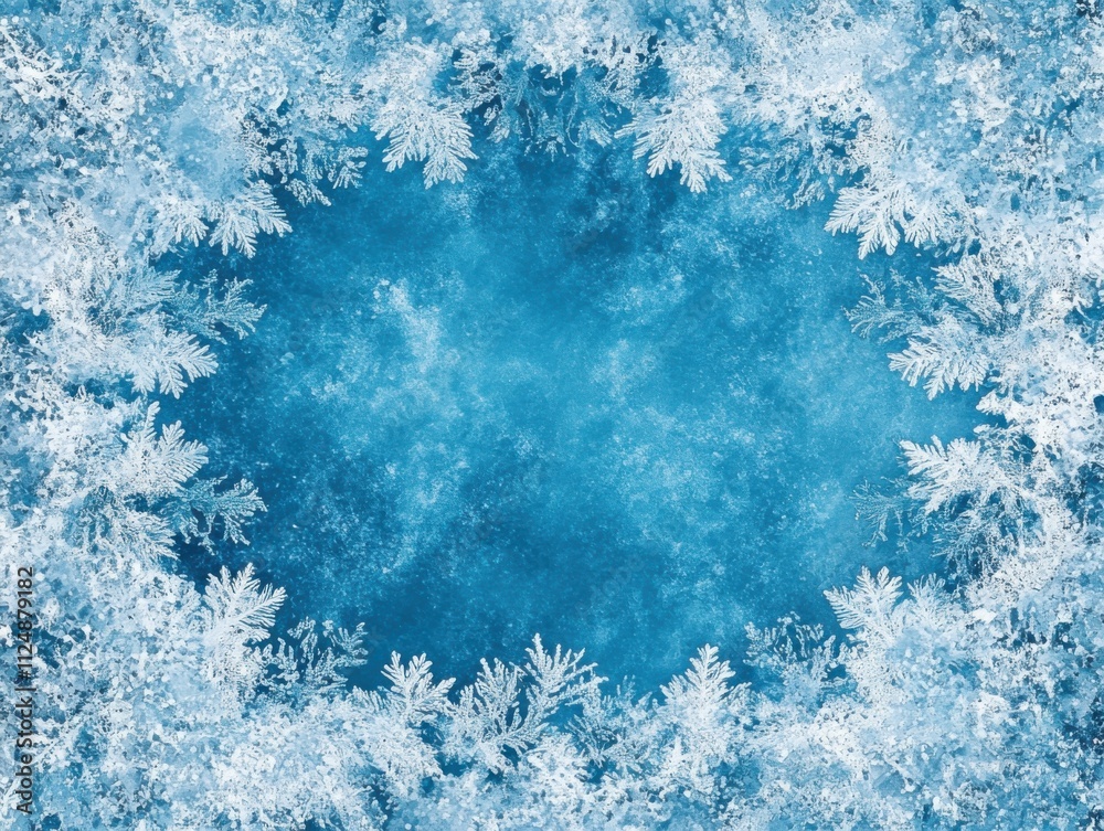 Poster frosty winter background with snowflakes and ice crystals forming an icy frame on a blue sky. christ