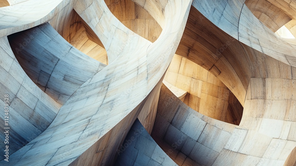 Poster modern architecture showing swirling wooden beams creating abstract shapes