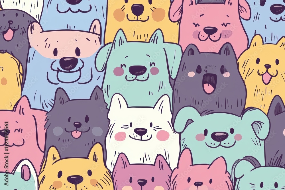 Aufkleber This playful pattern features various doodle-style dog faces in cheerful colors, perfect for adding a fun touch to any text or project. Generative AI
