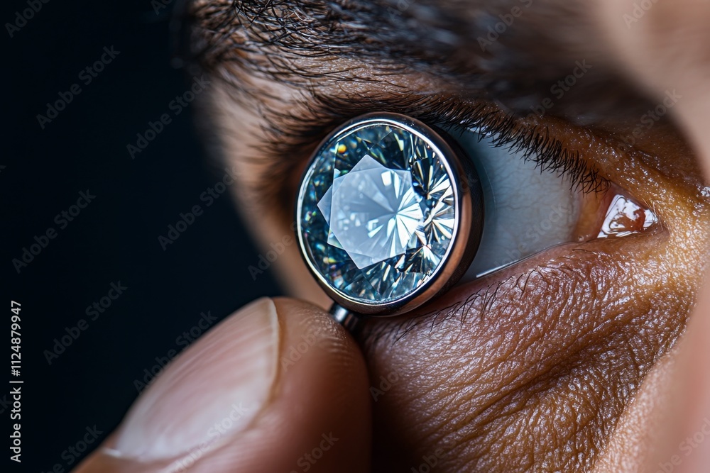 Poster a close-up of a jeweler inspecting a diamond with a loupe, with the gem reflecting light in a dazzli