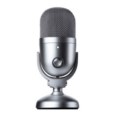 sleek silver microphone with modern design, perfect for podcasting or recording, set against plain background