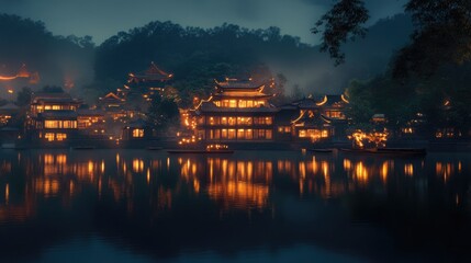 Fototapeta premium Ancient Town Reflected in Water at Night, Traditional Architecture Illuminated, Serene and Historic Asian Setting