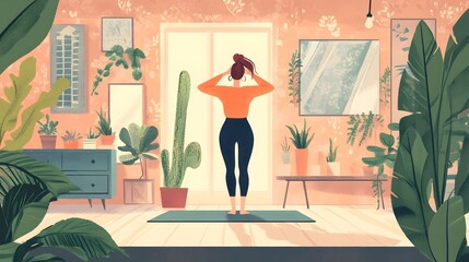 Woman Practicing Pilates in Cozy Home Interior with Plants and Mirror Reflection