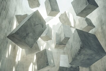Surreal floating concrete cubes in spacious minimalist interior