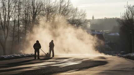 Cold weather roadworks, workers in insulated gear laying asphalt mix, steam rising, bare trees in background