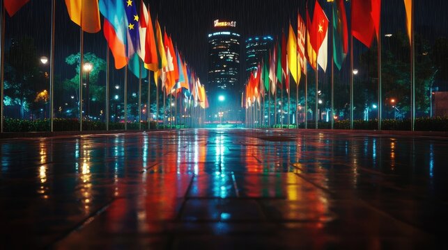The flags of Asia illuminated at night, casting colorful reflections on wet pavement after rain,