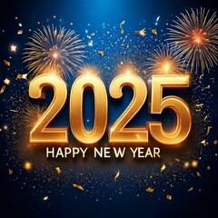 Happy New Year 2025 Celebration with Golden Text and Vibrant Fireworks Display, Perfect for Greeting Cards, Social Media Posts, Event Promotions, and Festive Decorations"