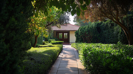 Garden pathway leading to a cozy cottage surrounded by lush greenery in bright daylight