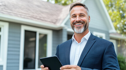Fototapeta premium Man in a Suit Holding a Tablet Smiles in Front of a Modern House During Daylight, Showcasing a Relaxed and Professional Atmosphere