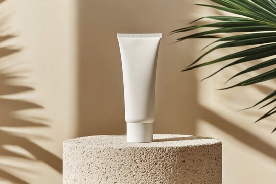 Mockup of cosmetic tube cream 50ml on stone stand on beige background minimalist with green leaves palm. Natural hard lighting and shadows