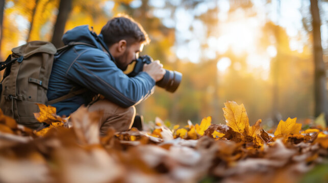Photographer capturing autumn leaves in a serene forest - Powered by Adobe