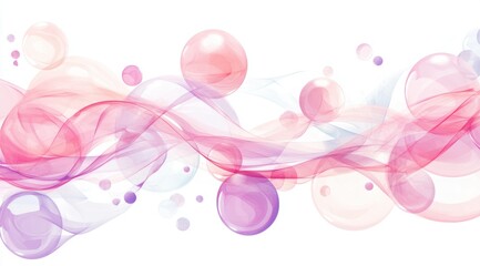 A white background with pink and purple spheres floating in the air, surrounded by soft shapes and bubbles. 