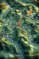 Obraz premium Aerial View of a Detailed 3D Map with Location Pins Highlighting Terrain and Geographic Features in a Vibrant Green Landscape