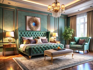 Captivating Interior Design of a Cozy Bedroom Featuring a Stylish Sofa, Plush Carpet, and Elegant Decor for a Relaxing Atmosphere