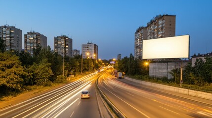 Obraz premium Nighttime Cityscape with Empty Billboard and Traffic Flowing Below