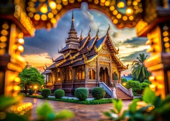 Fototapeta premium Captivating Interior View of Wat Phra Singh Temple with Stunning Bokeh Effect Showcasing the Intricate Wooden Framework of This Historic Chiang Mai Landmark