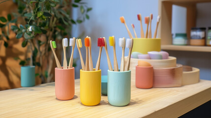 A table with a variety of toothbrushes and cups