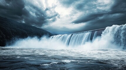 Powerful Water Flow at Spillway under Dramatic Clouds